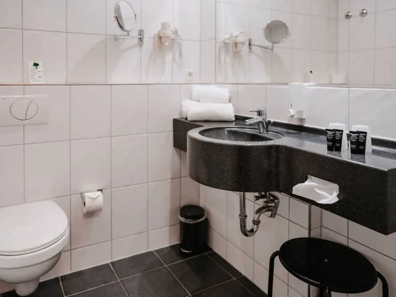 Badezimmer eines Doppelzimmers Standard mit Waschbecken, WC und Pflegeprodukten im Hotel Goldener Pflug Ludwigsburg
