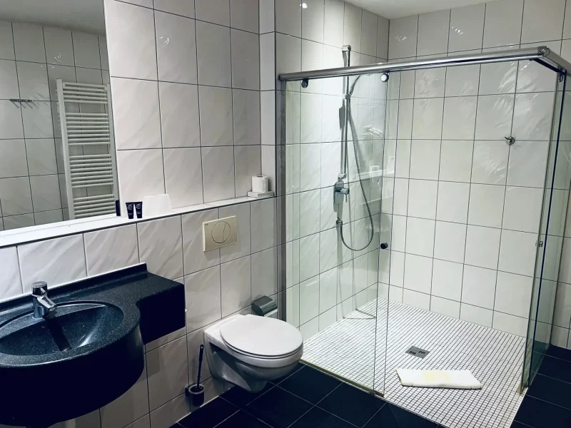 Badezimmer eines Doppelzimmers Superior mit großer Dusche, Waschbecken und WC im Hotel Goldener Pflug Ludwigsburg