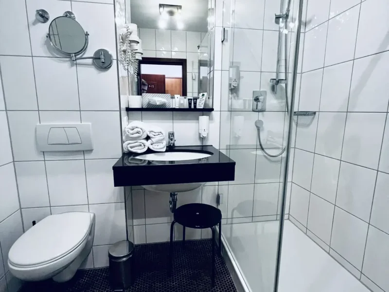 Badezimmer eines Einzelzimmers Standard mit Dusche, Waschbecken und WC im Hotel Goldener Pflug Ludwigsburg