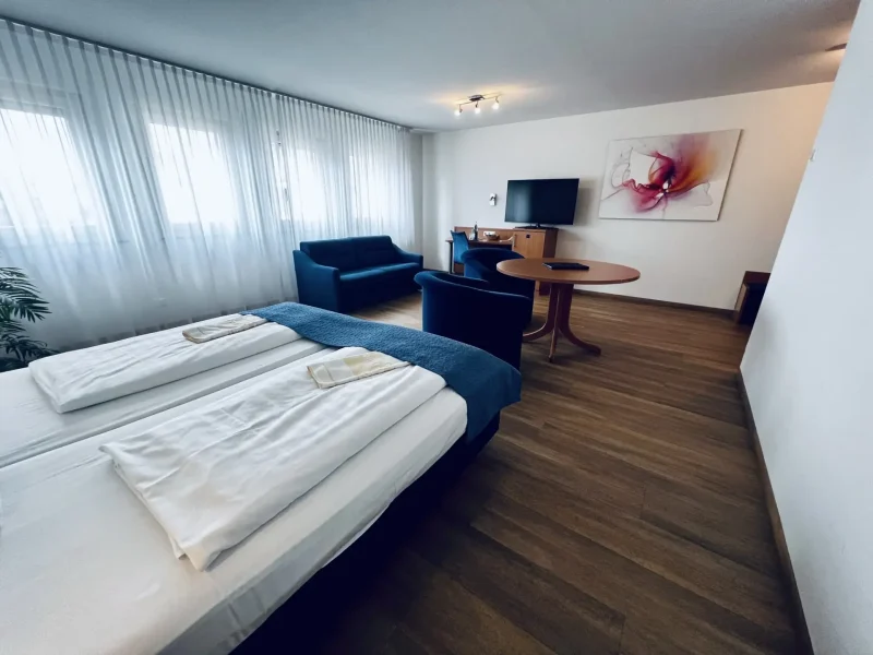 Großzügiger Wohnbereich mit Sofa, Sesseln, Tisch und TV im Doppelzimmer Superior des Hotel Goldener Pflug Ludwigsburg