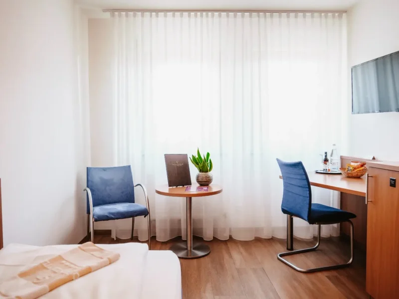 Einzelzimmer Standard mit Schreibtisch, Sitzbereich und TV im Hotel Goldener Pflug Ludwigsburg