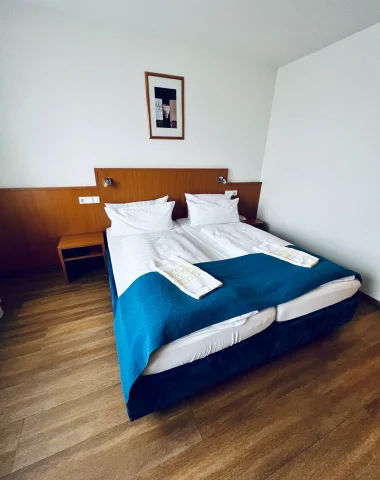 Modern bedroom with double bed and blue bedding.