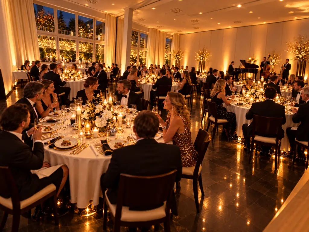 Festliches Silvester-Gala-Dinner im Saal des Goldenen Pflugs mit Gästen an runden Tischen und dezenter musikalischer Begleitung.