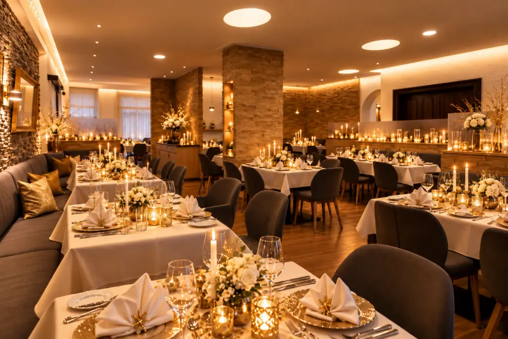 Alternativtext (Alt-Text) Kopieren Festlich gedeckte Tische mit Kerzenlicht im Restaurant Goldener Pflug in Ludwigsburg – Silvester-Gala-Dinner ohne Musik.