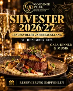 Silvesterplakat 2026/27 für Gala-Dinner und Musik im Goldenen Pflug Ludwigsburg