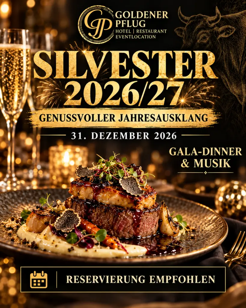 Silvesterplakat 2026/27 für Gala-Dinner und Musik im Goldenen Pflug Ludwigsburg