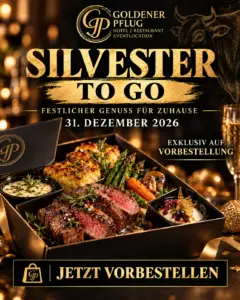 Plakat für Silvester to go 2026 mit festlichem Menü zum Mitnehmen vom Goldenen Pflug