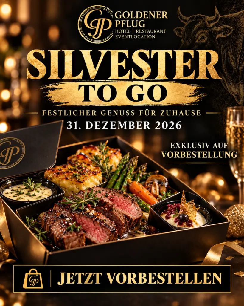 Plakat für Silvester to go 2026 mit festlichem Menü zum Mitnehmen vom Goldenen Pflug