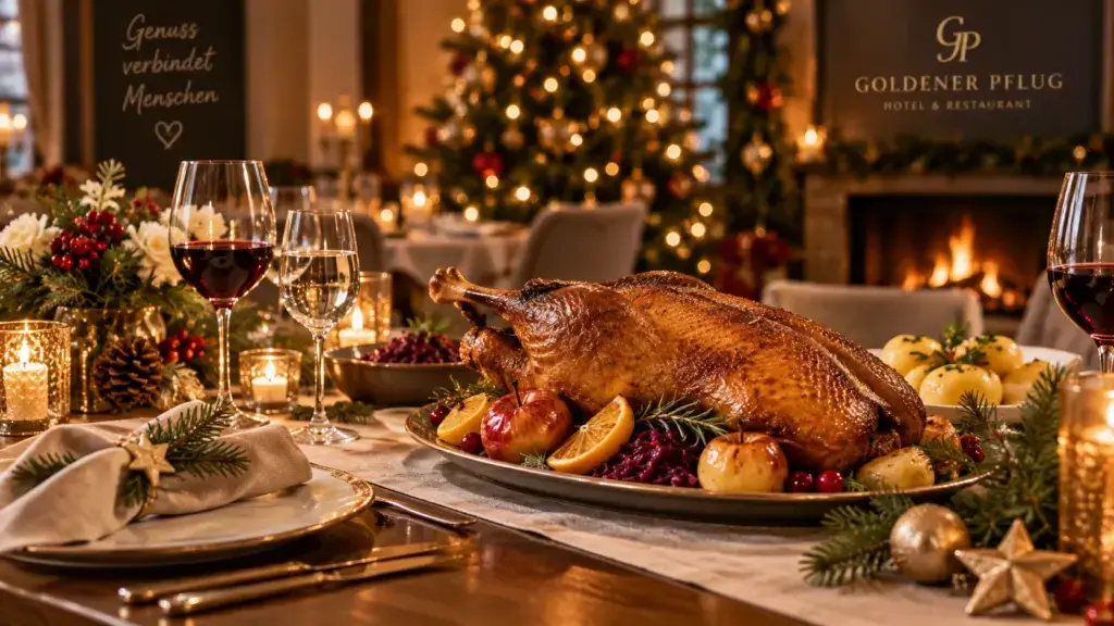 Festlich gedeckter Weihnachtstisch mit Gänsebraten im Goldenen Pflug Ludwigsburg