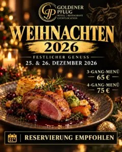Weihnachtsplakat 2026 des Restaurants Goldener Pflug mit festlichem Menüangebot