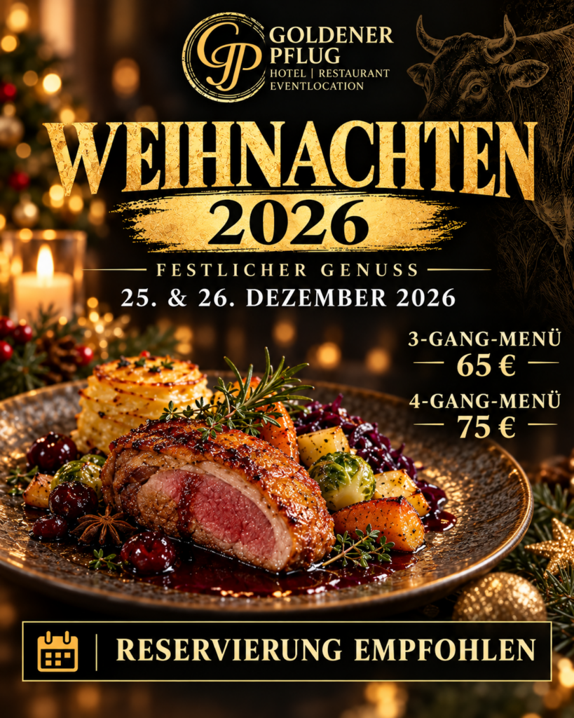 Weihnachtsplakat 2026 des Restaurants Goldener Pflug mit festlichem Menüangebot