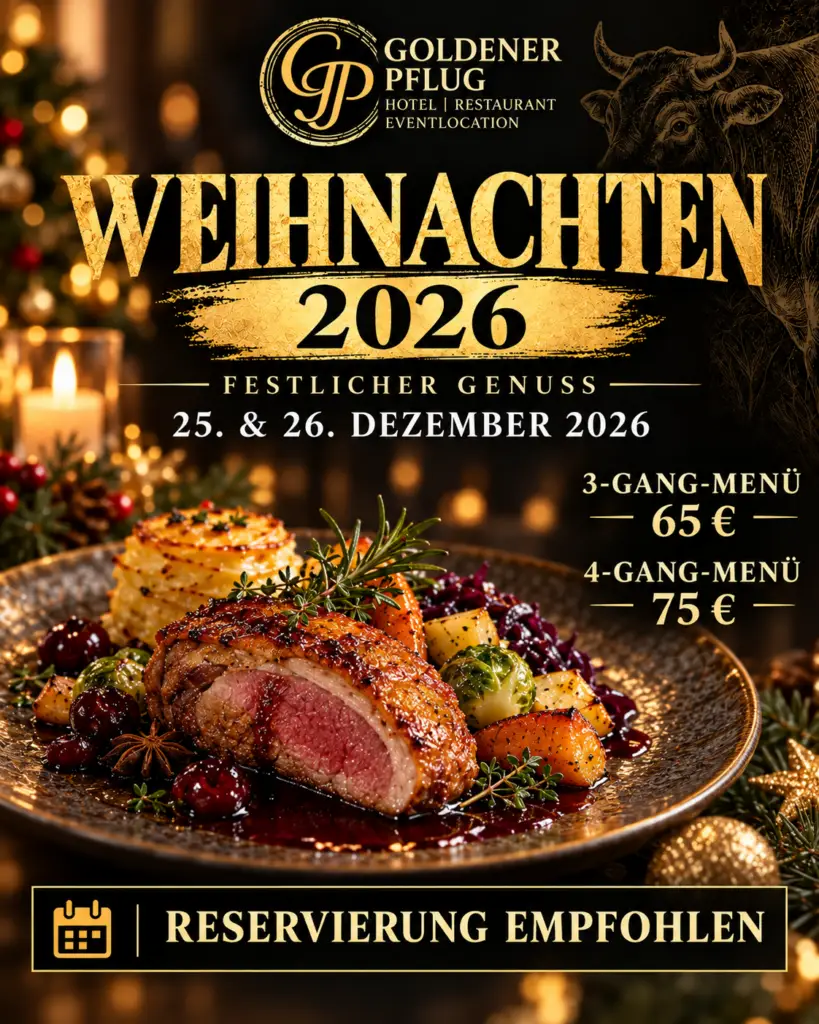 Weihnachtsplakat 2026 des Restaurants Goldener Pflug mit festlichem Menüangebot